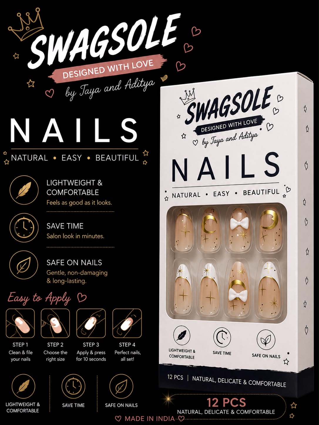 Celestial Moon & Gold Star Press-On Nails - Swagsole 12 Pcs Luxury Reusable Fake Nails