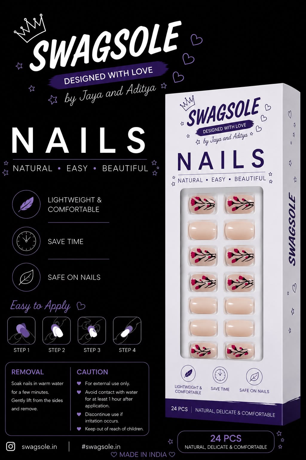 Rose Pink Branch & Blossom Press-On Nails - Swagsole 24 Pcs Pastel Floral Fake Nails