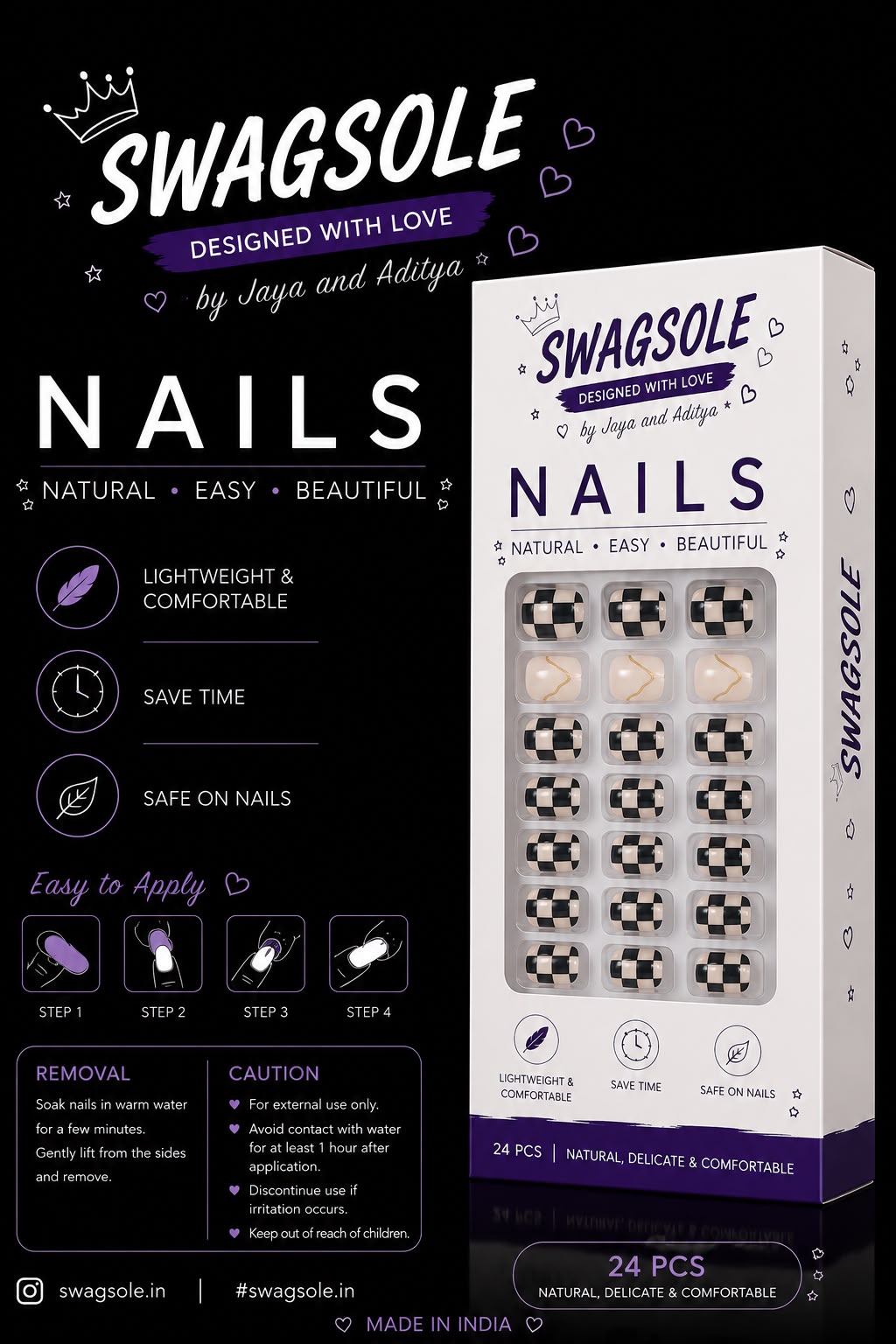 Modern Monochrome Grid Press-On Nails - Swagsole 24 Pcs Chic Abstract Fake Nails