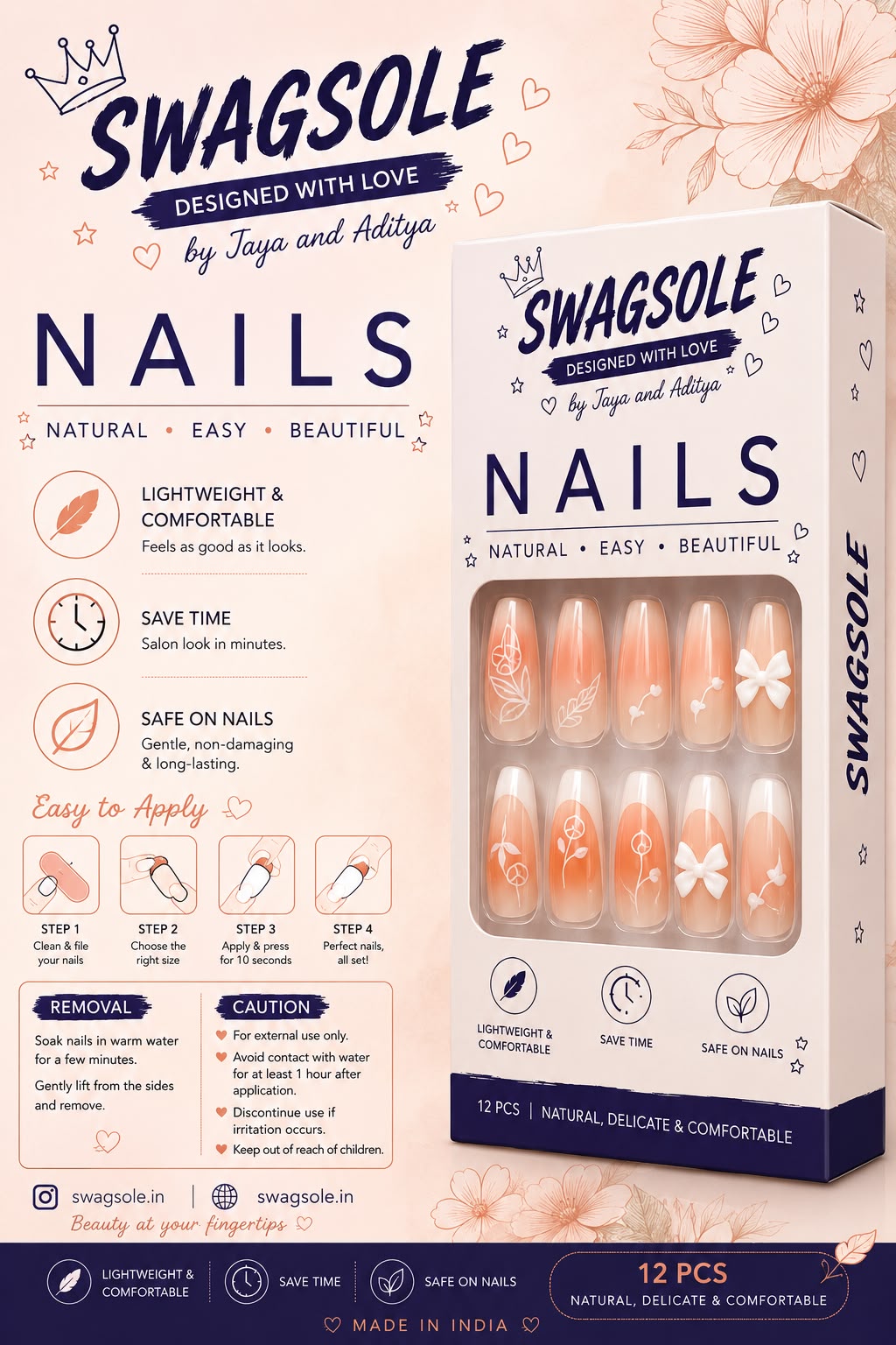 Peach Orange Blossom Press-On Nails - Swagsole 12 Pcs Elegant French Floral Fake Nails