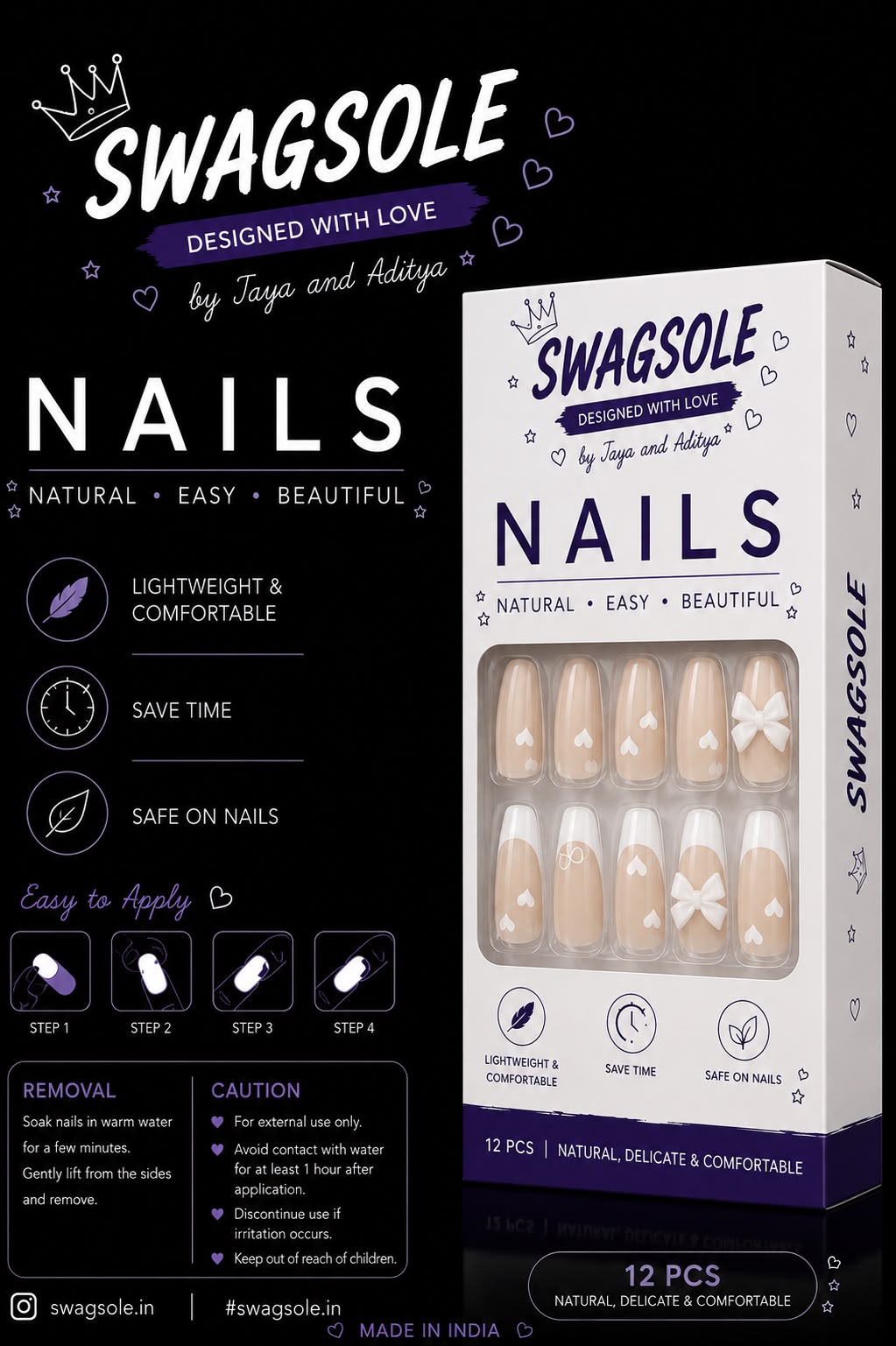 Nude French Heart Bow Press-On Nails - Swagsole 12 Pcs Classy Reusable Fake Nails