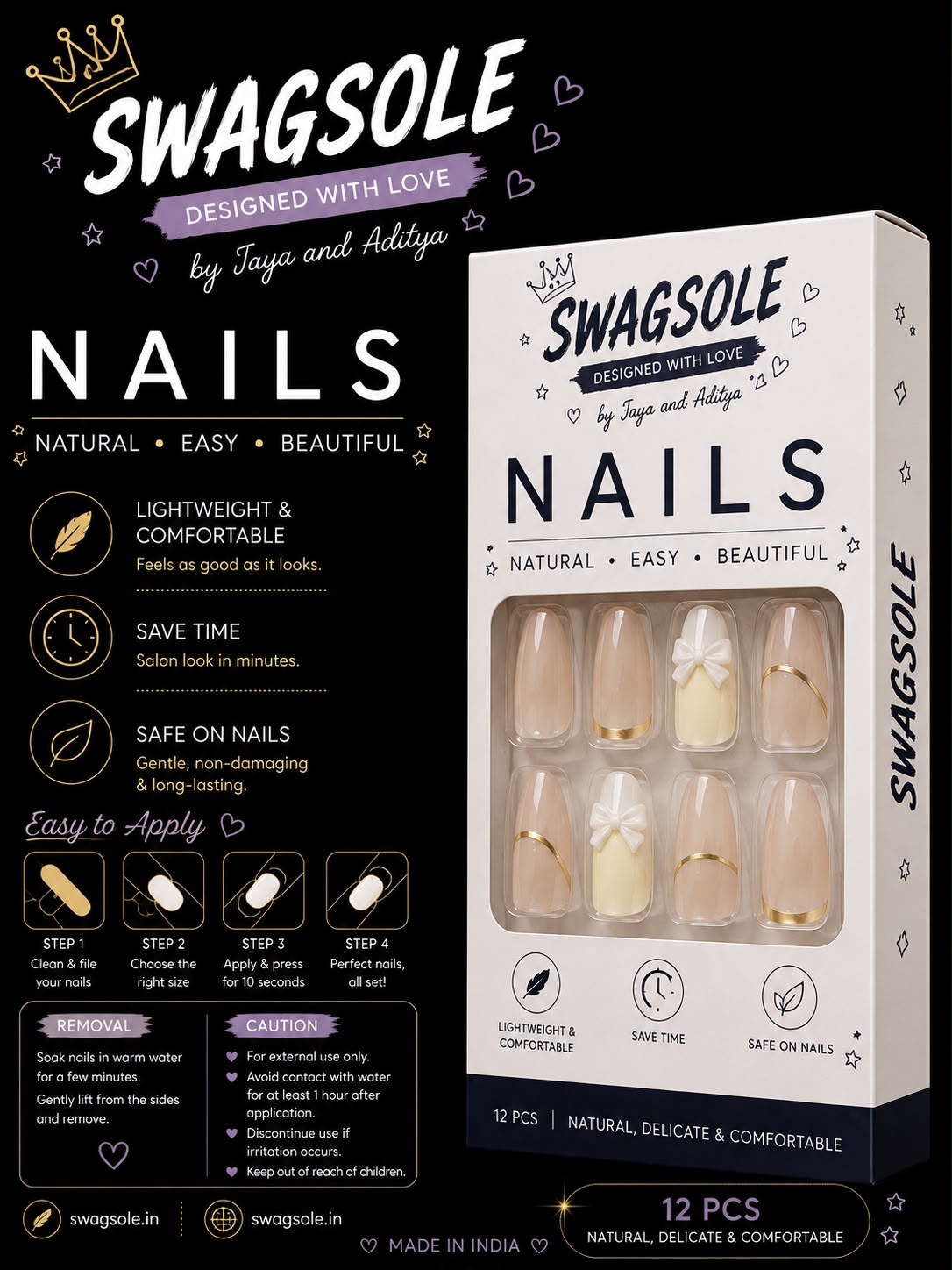 Nude Gold Ribbon Press-On Nails - Swagsole 12 Pcs Premium Matte-Gloss French Tips
