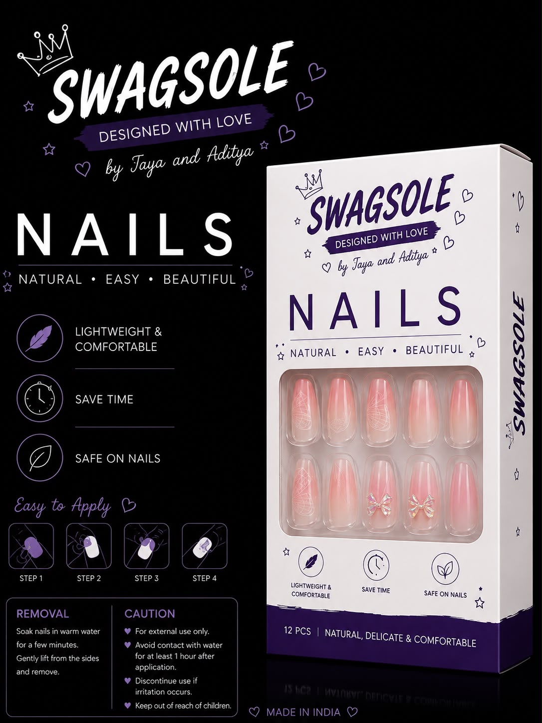 Pink Ombre Butterfly Press-On Nails - Swagsole 12 Pcs Reusable Glossy Fake Nails