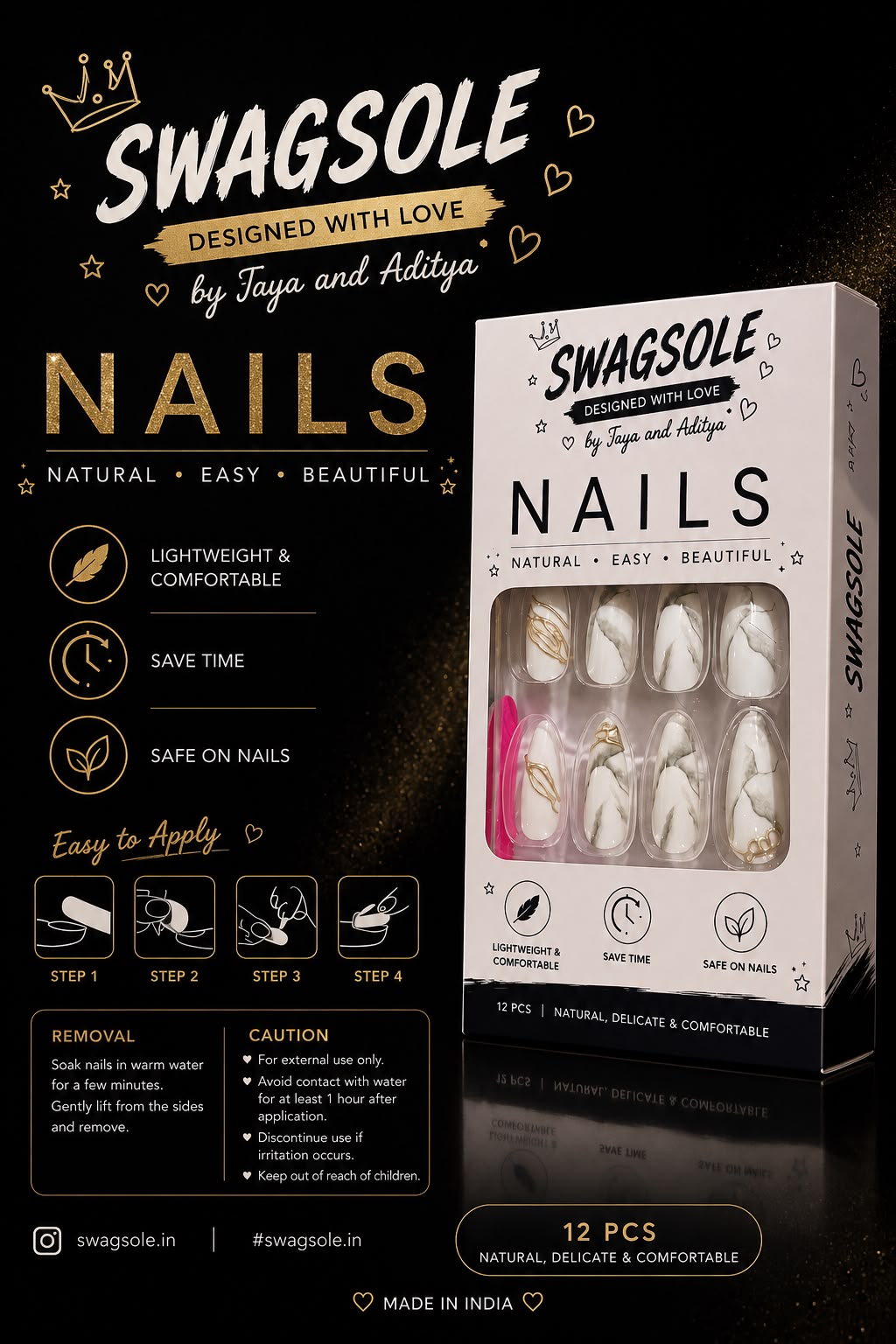 Emerald Gold Marble Press-On Nails - Swagsole 12 Pcs Luxury Metallic Fake Nails