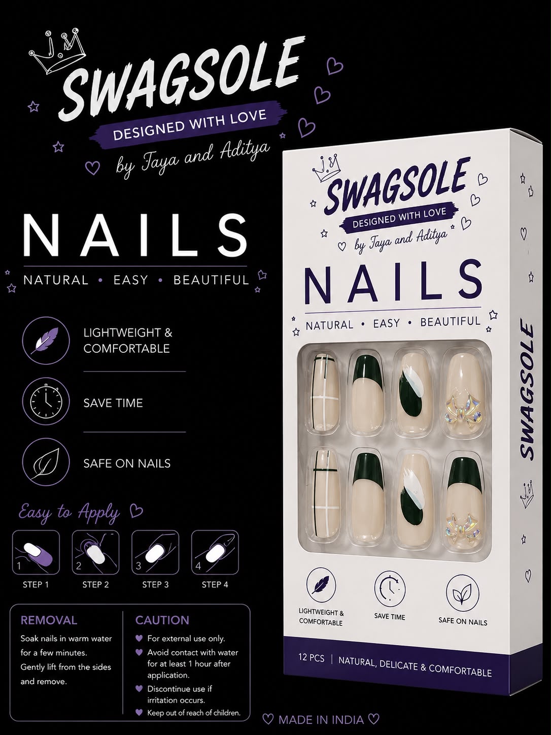 Forest Green Bow & Abstract Stroke Press-On Nails - Swagsole 12 Pcs Premium Coffin Nails