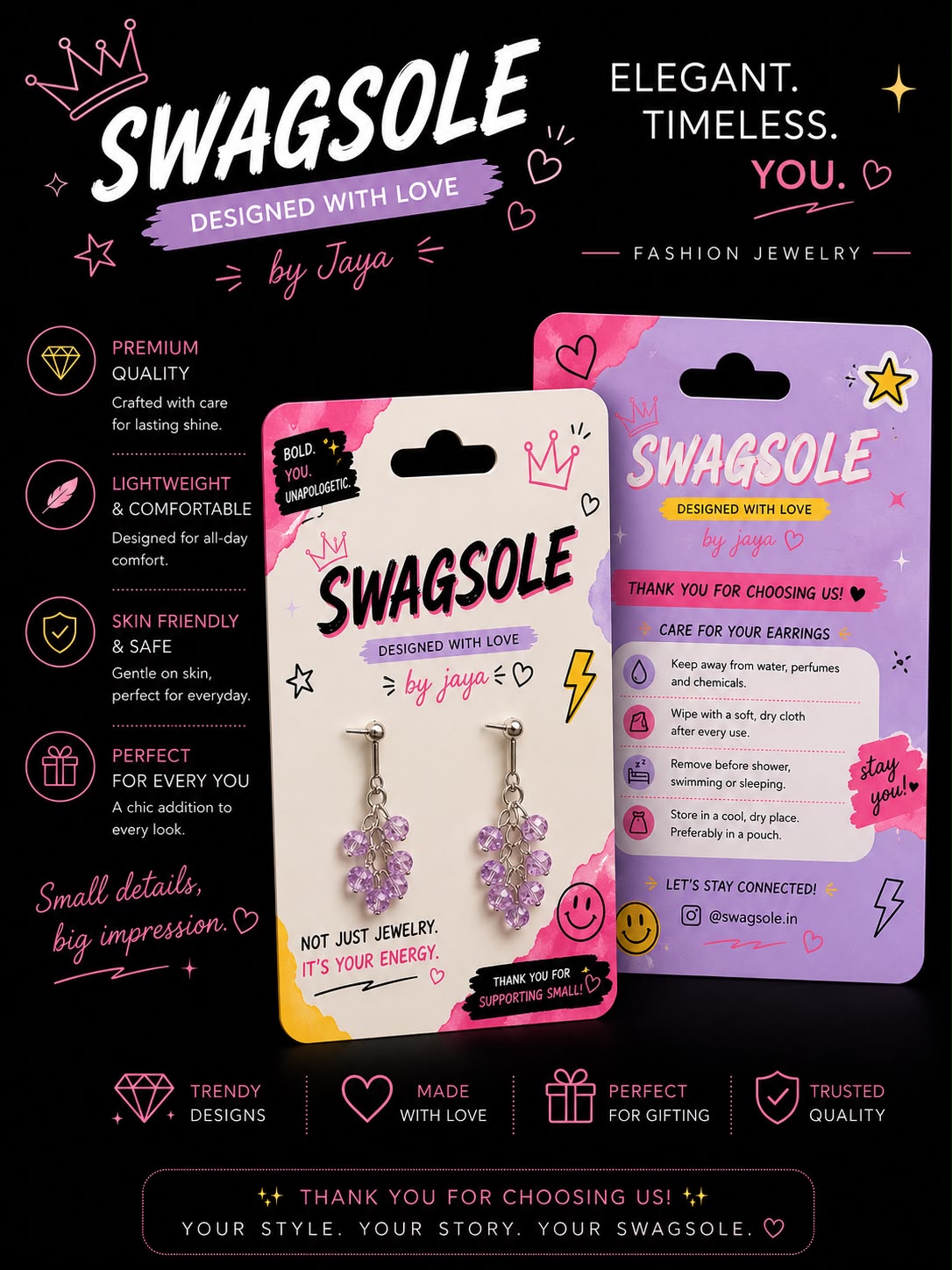 Purple Crystal Bead Dangle Earrings - Swagsole Lightweight Handcrafted Drop Jewelry