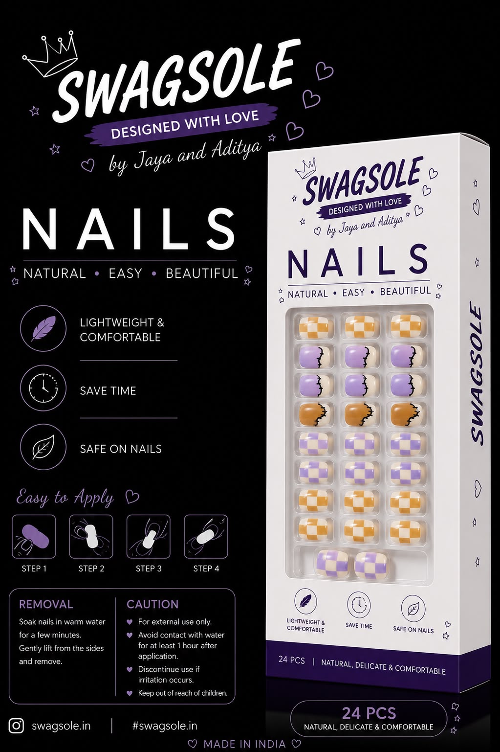Purple Checkerboard & Mustard Press-On Nails - Swagsole 24 Pcs Funky Streetwear Nails