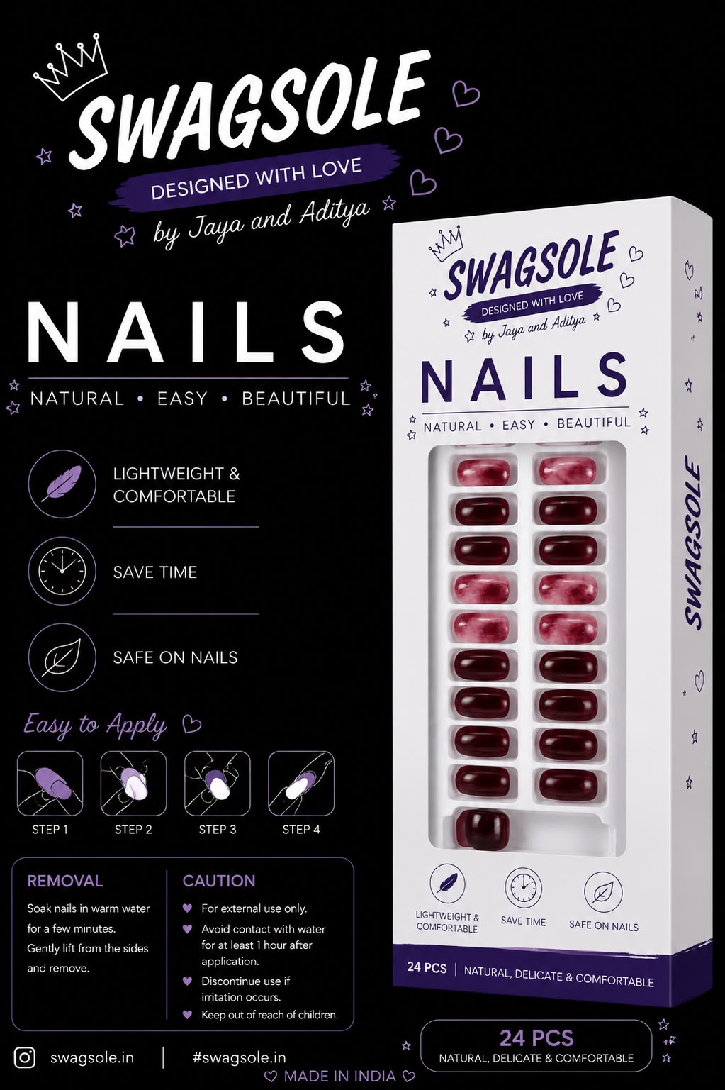 Burgundy Marble Cloud Press-On Nails - Swagsole 24 Pcs Long Luxury Fake Nails
