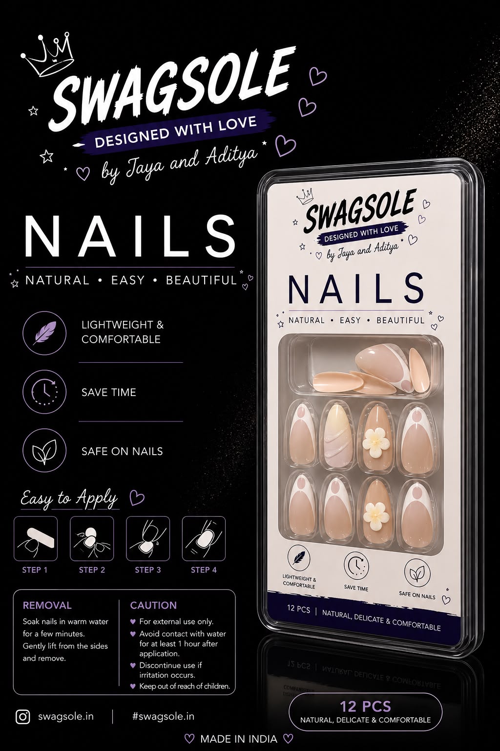 Minimalist Nude Matte Flower Press-On Nails - Swagsole 12 Pcs Clean Girl French Nails