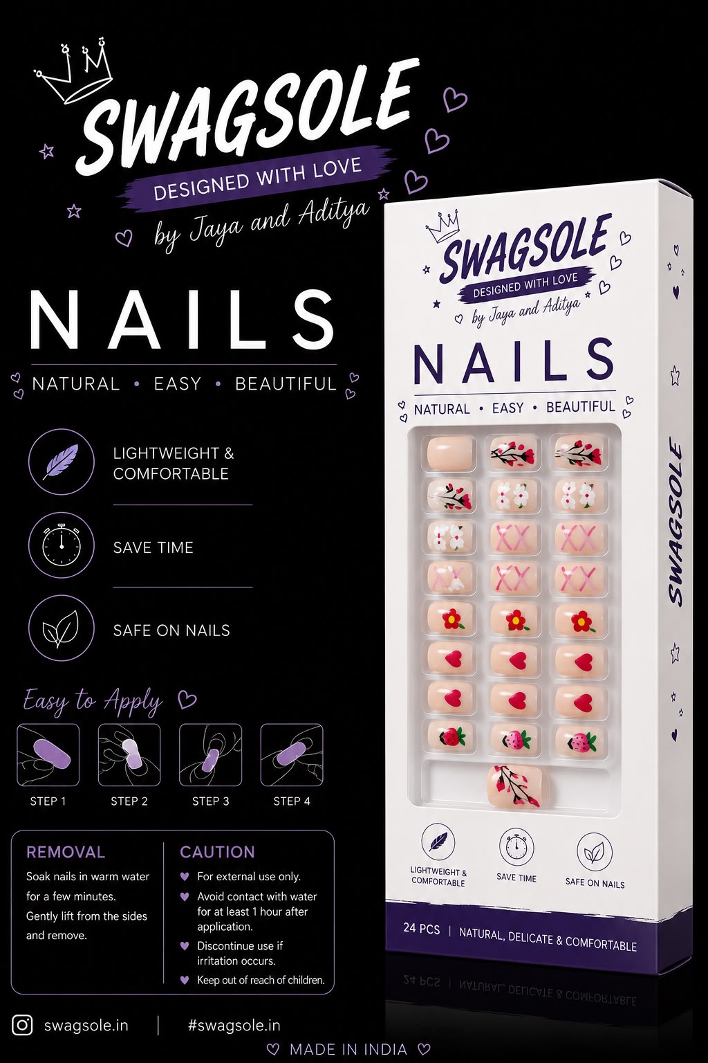 Cute Strawberry & Floral Press-On Nails - Swagsole 24 Pcs Funky Springtime Fake Nails