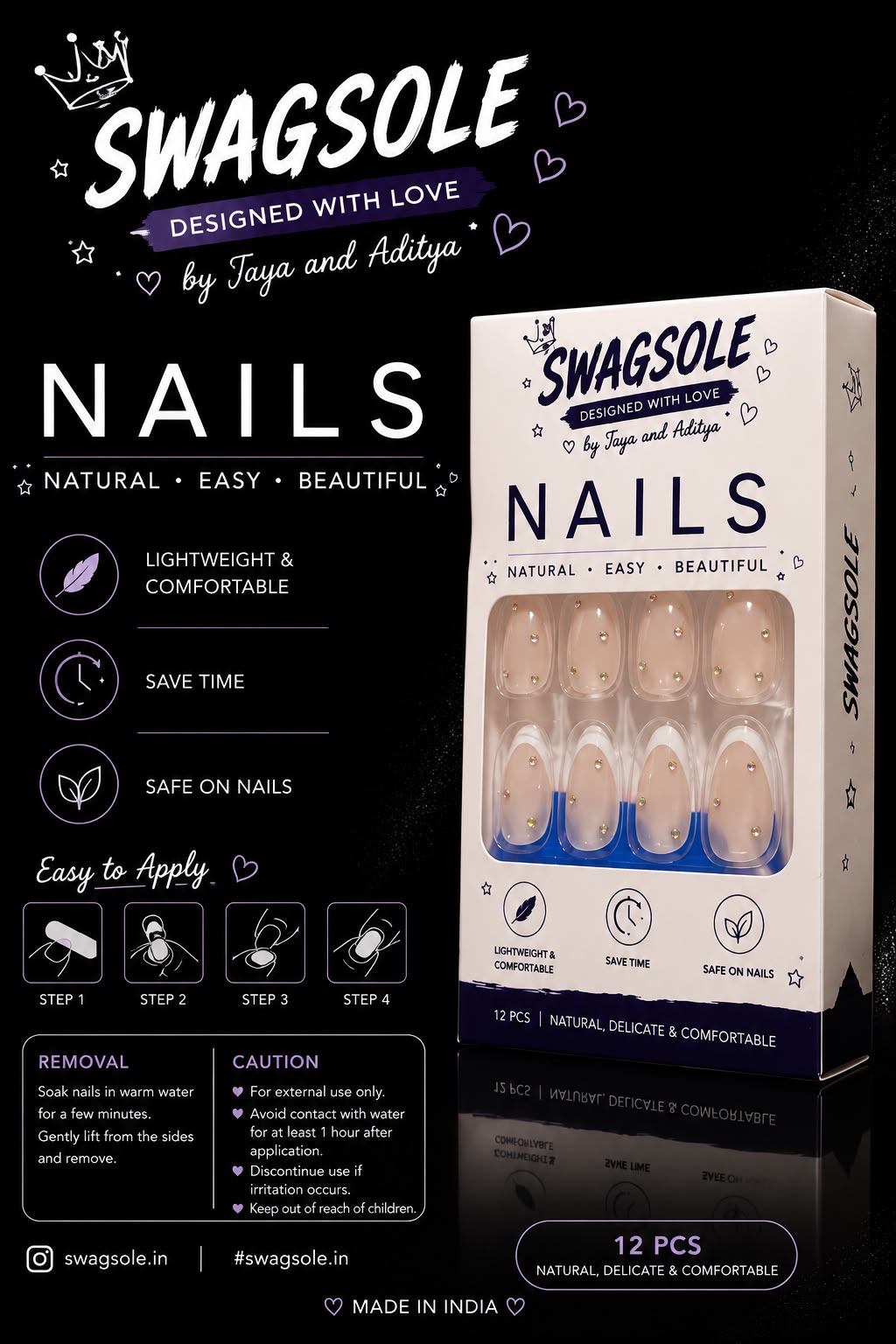 Rhinestone French Nude Almond Press-On Nails - Swagsole 12 Pcs Shimmering Classic Nails